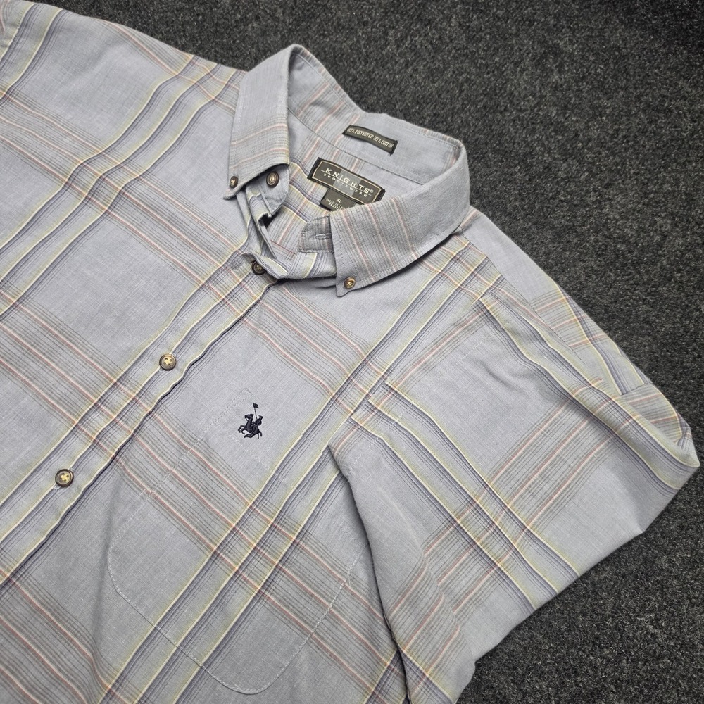 Knights Sportswear Mens XL Blue Plaid Short Sleeve Button Down Shirt Logo Pocket